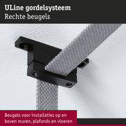 Zwart ULine gordelsysteem met rechthoekige beugel gemonteerd op witte muur voor gordijnmontage
