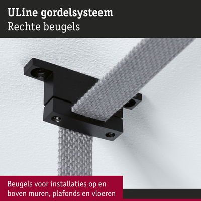 Zwarte rechte beugel met grijze textielband gemonteerd op witte muur voor gordelsysteem