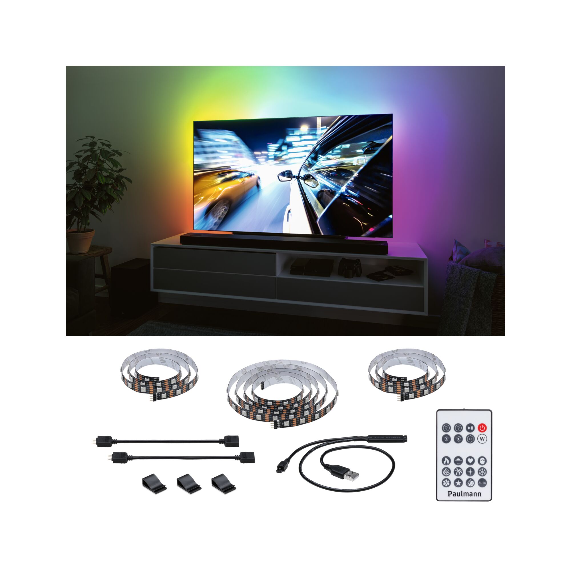 LED-lyssæt med fjernbetjening og USB til TV-bagbelysning i hvid og RGB-farver.