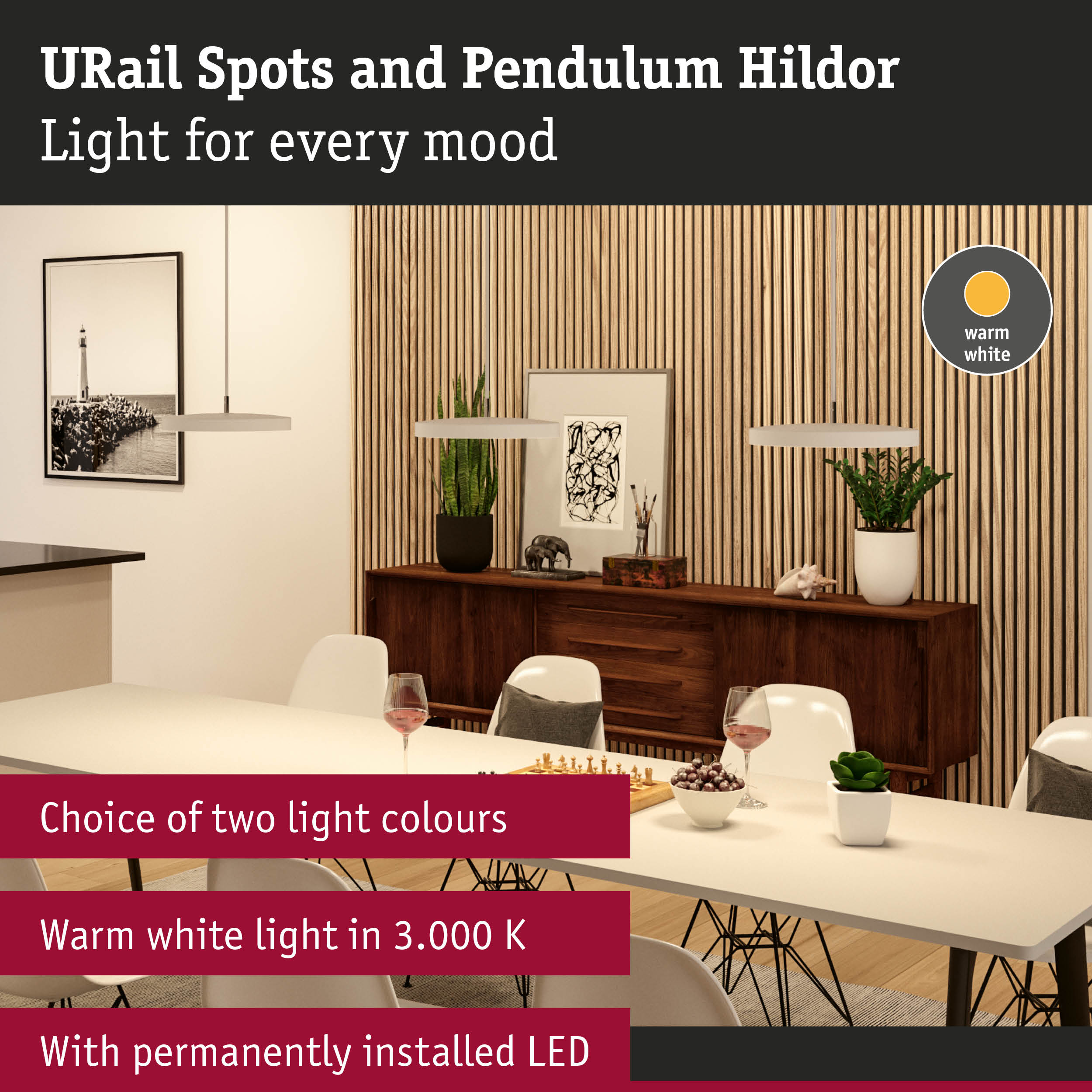 Modern pendant lights with warm white LED light in dining room featuring wooden slat wall decor