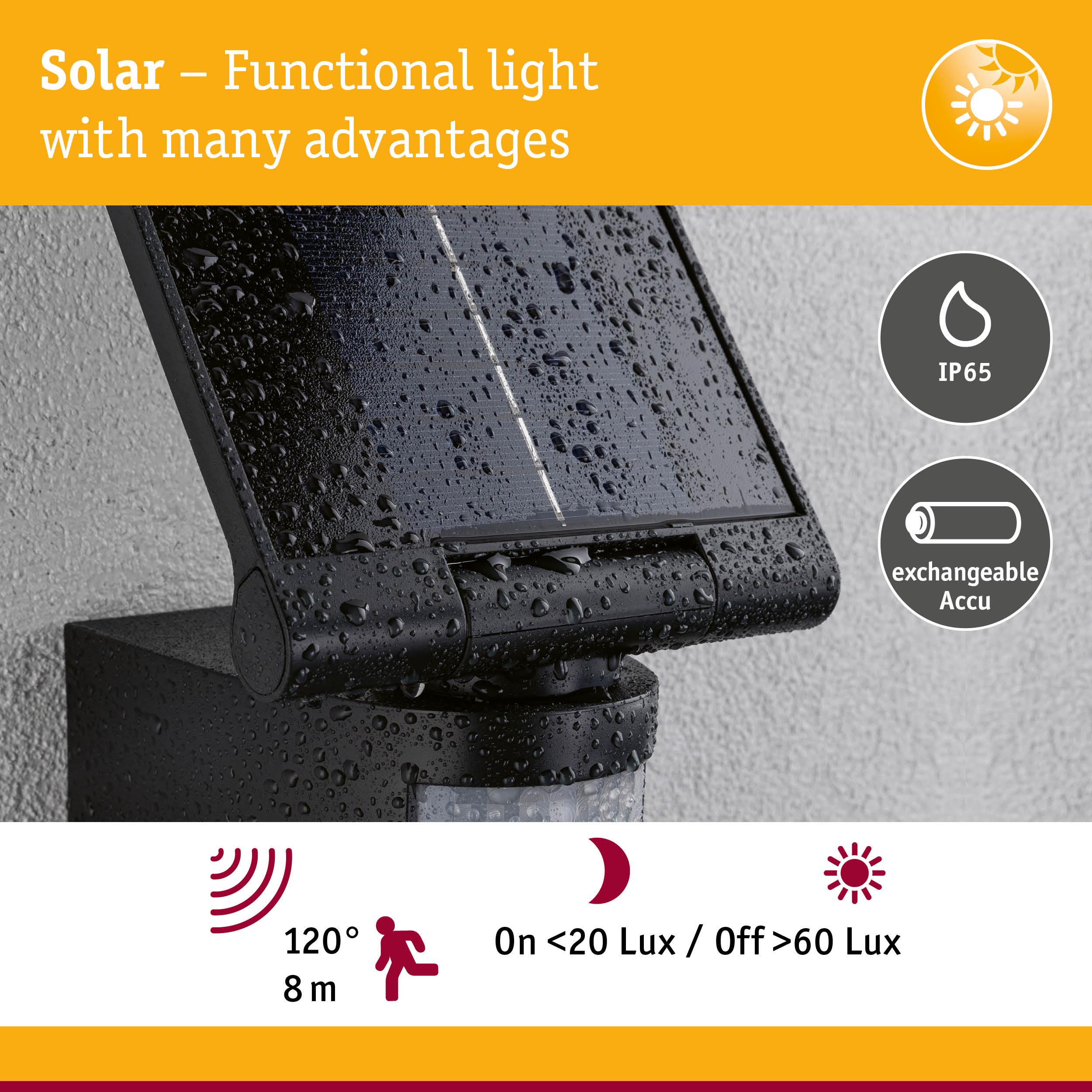 Black solar light with IP65 waterproof rating and exchangeable battery, motion sensor up to 8 m range.