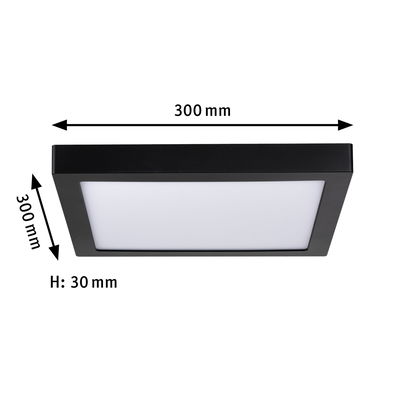 Quadratische LED-Deckenleuchte in Schwarz mit weißem Diffusor, Maße 300x300x30 mm, moderne Raumbeleuchtung