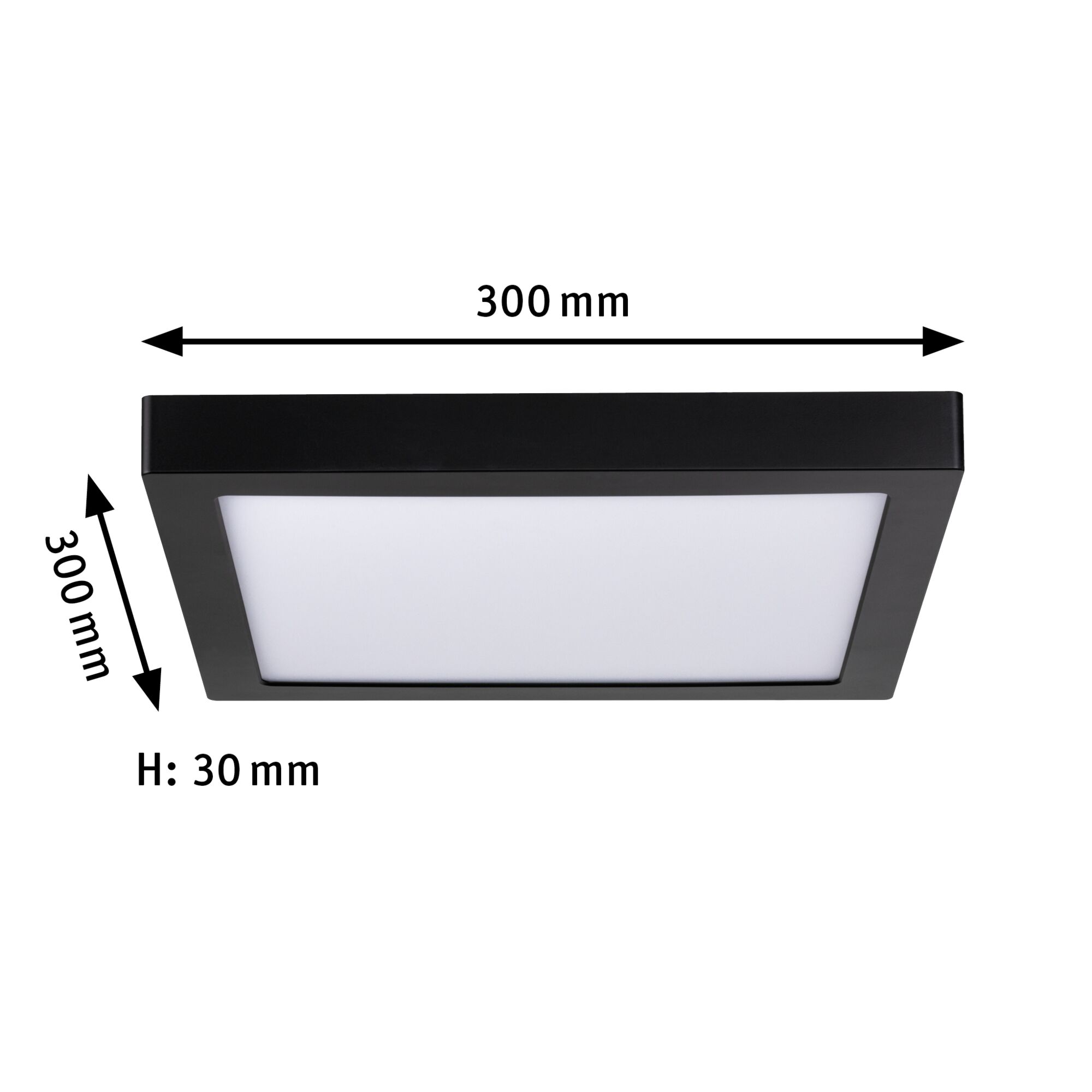 Plafonnier LED carré noir avec diffuseur blanc, dimensions 300x300x30 mm, éclairage moderne pour pièce