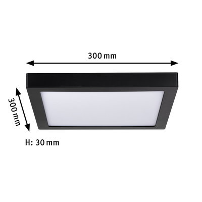 Plafonnier LED carré noir avec diffuseur blanc, dimensions 300x300x30 mm, éclairage moderne pour pièce