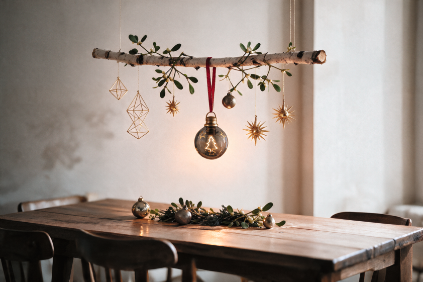 Décoration de Noël avec branche de bouleau, étoiles dorées et boules suspendues au-dessus d'une table en bois rustique avec du gui.