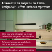 Luminaire suspendu Raiko noir au design clair au-dessus d'un plan de travail de cuisine clair avec armoires vertes