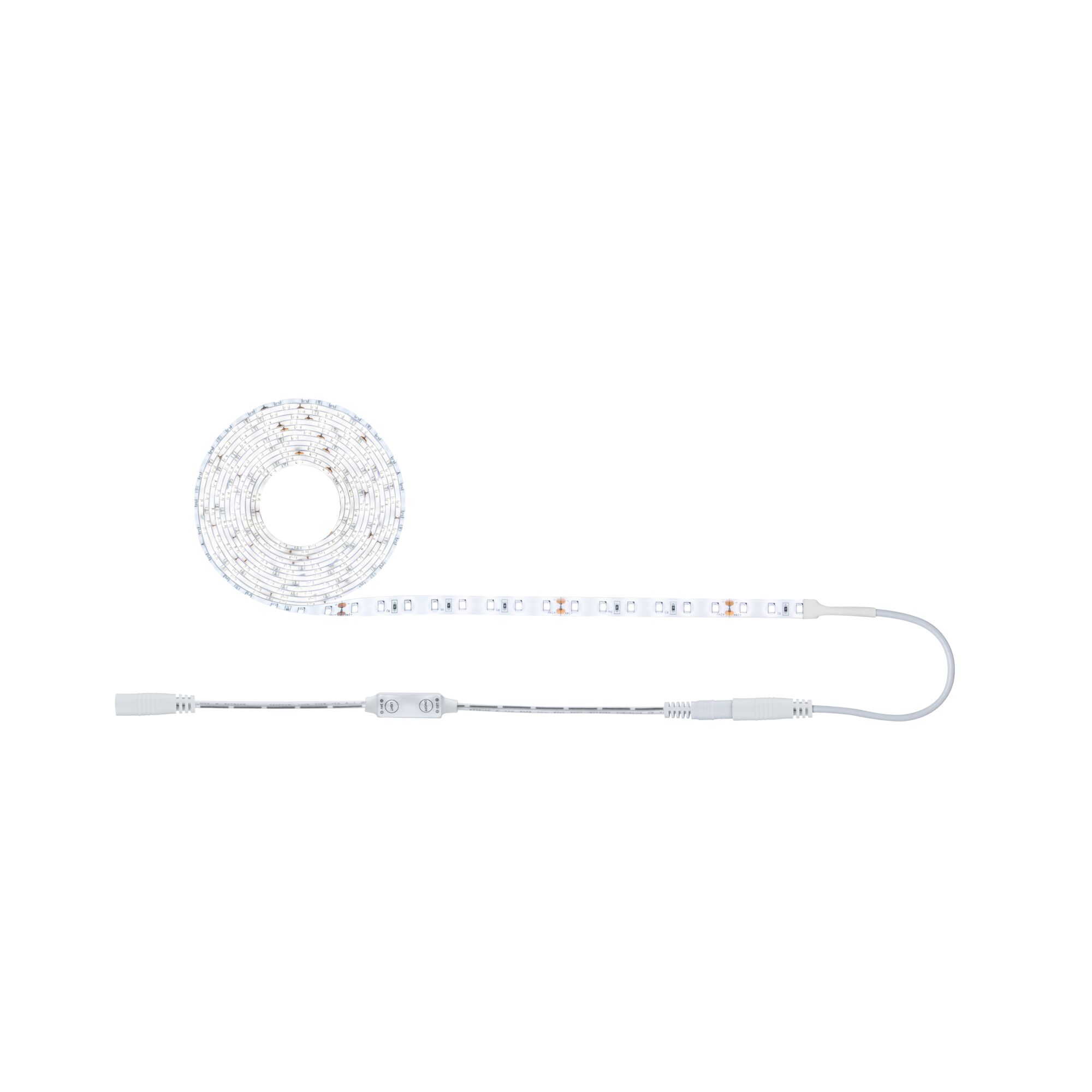 White LED strip light with control cable for flexible indoor lighting solutions and easy installation