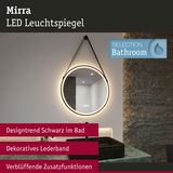 Runder Mirra LED Leuchtspiegel mit schwarzem Rahmen und dekorativem Lederband im modernen Badezimmer.