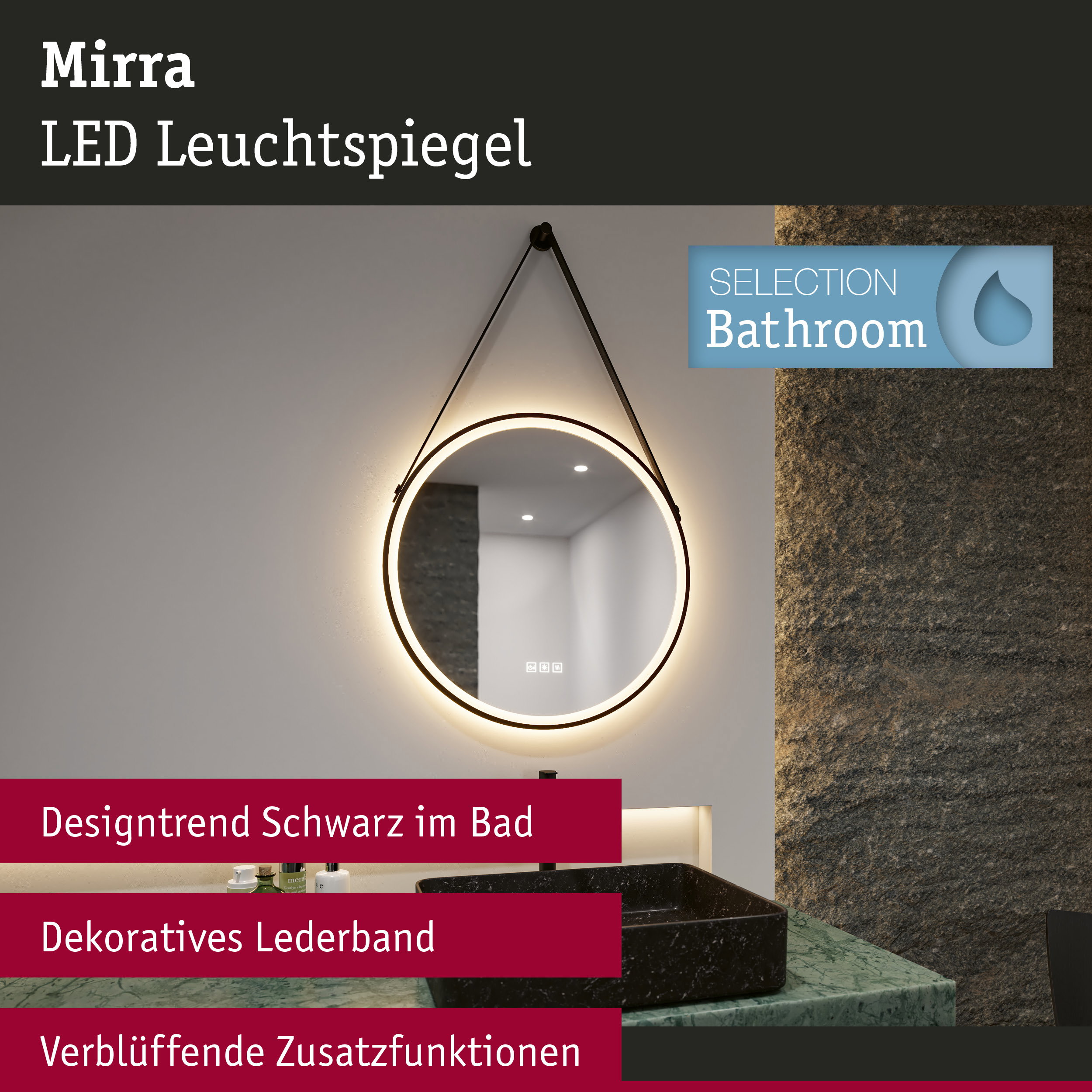 Runder Mirra LED-Leuchtspiegel mit schwarzem Lederband und warmweißem Licht für Badezimmer.