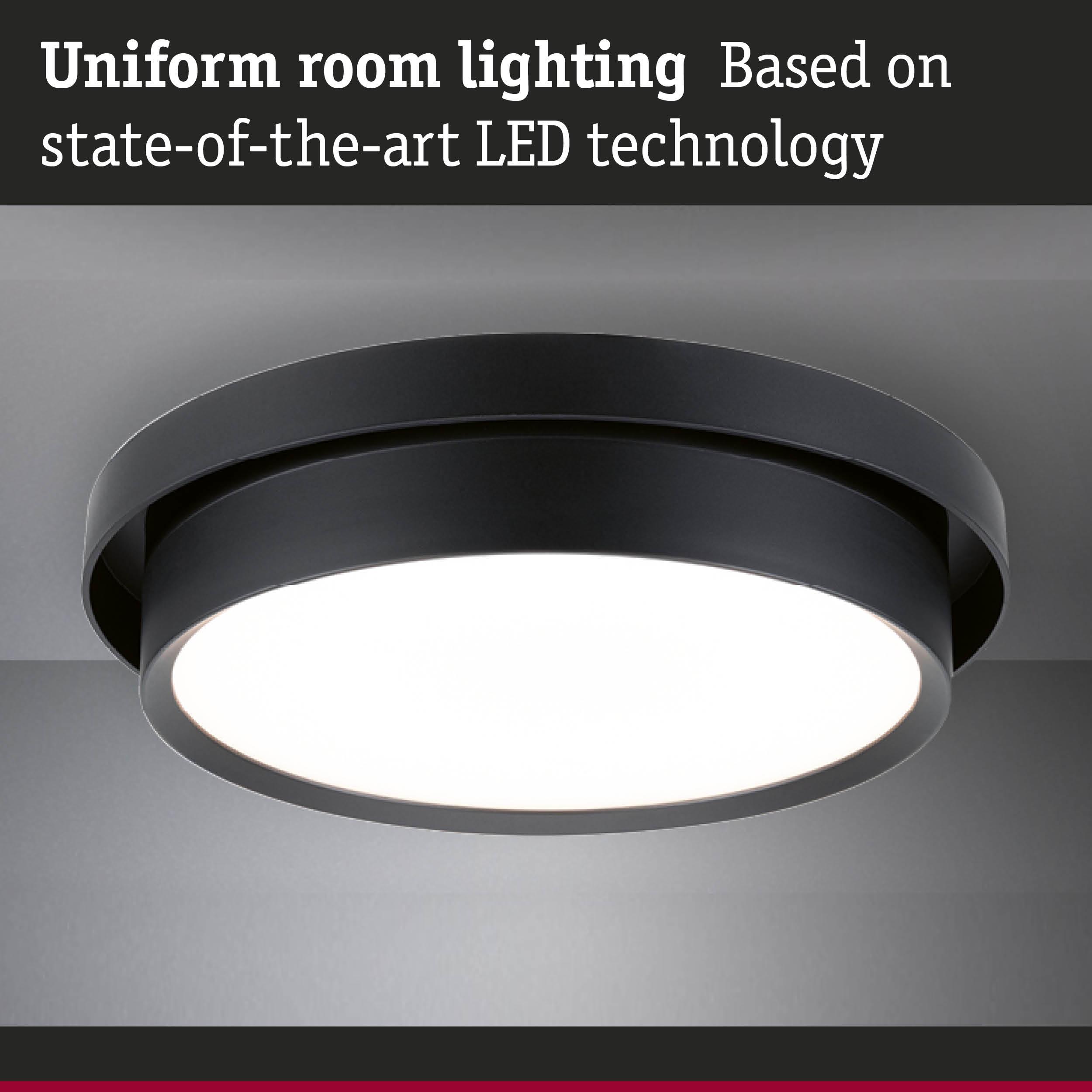 Round black LED ceiling light providing uniform room lighting with advanced LED technology