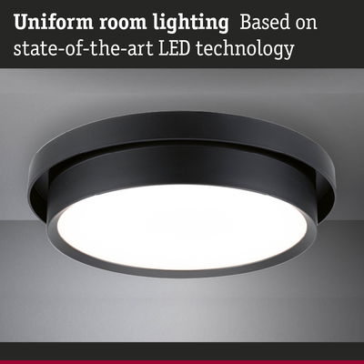 Round black LED ceiling light providing uniform room lighting with advanced LED technology