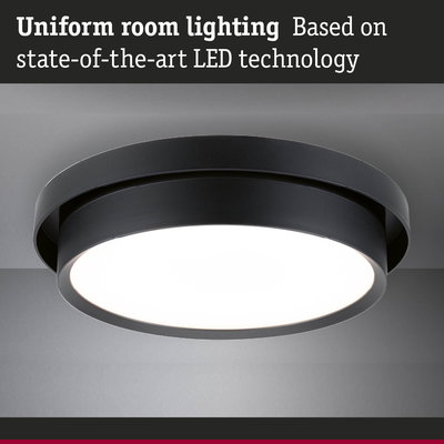 Round black LED ceiling light providing uniform room lighting with advanced LED technology