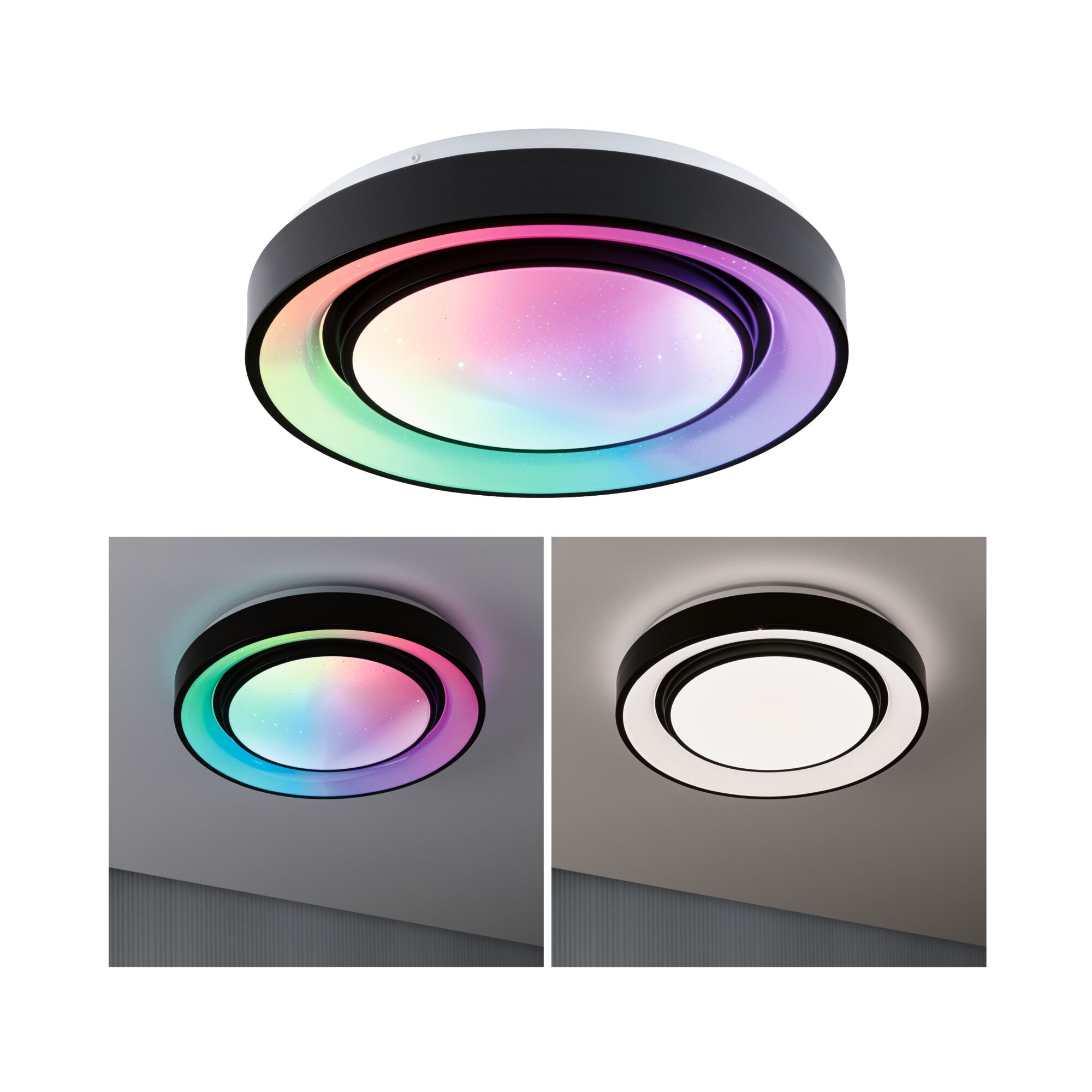 Plafonnier LED Rainbow With rainbow effect RGBW+ 750lm 230V 22W gradable Noir/Blanc Plafonnier LED rond avec cadre noir et éclairage RGB multicolore pour une ambiance moderne