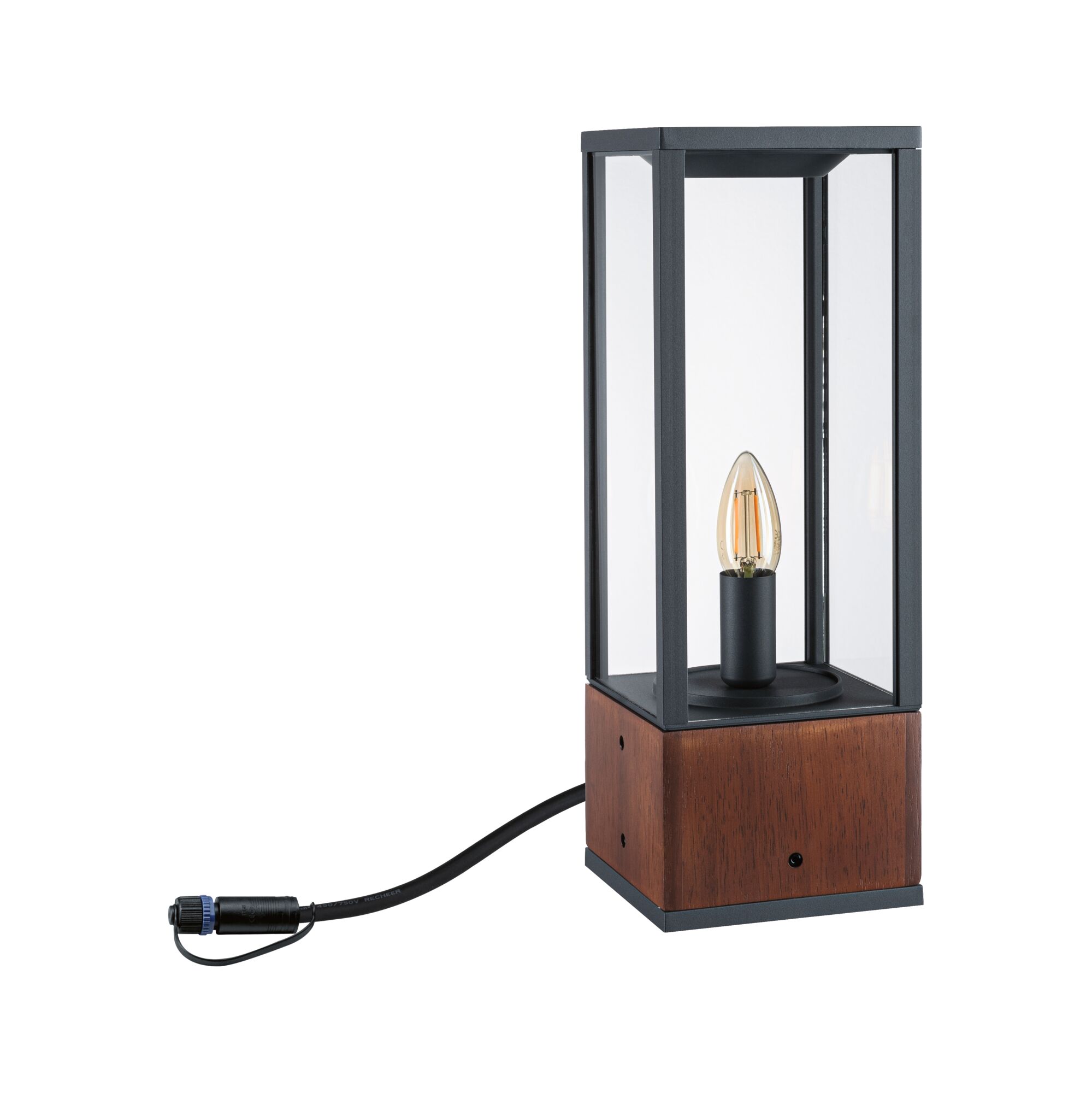 Moderne tafellamp met houten voet, zwart metalen frame, heldere glazen kap, LED-lamp
