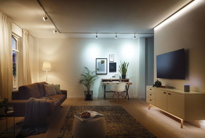 Moderne woonkamer met bruine bank, houten bureau, planten en LED-plafondspots voor accentverlichting