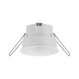 Round white plastic recessed spotlight with metal springs for ceiling installation, LED downlight