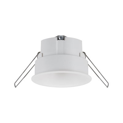 Round white plastic recessed spotlight with metal springs for ceiling installation, LED downlight