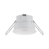Round white plastic recessed spotlight with metal springs for ceiling installation, LED downlight