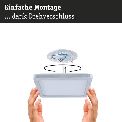 Einfache Montage einer quadratischen LED-Deckenleuchte mit Drehverschluss und silbernem Rahmen