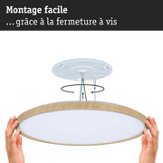 Plafonnier rond avec cadre en bois et diffuseur blanc, montage facile par fermeture à vis