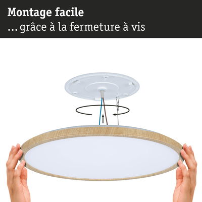 Plafonnier rond avec cadre en bois et diffuseur blanc, montage facile grâce à la fermeture à vis