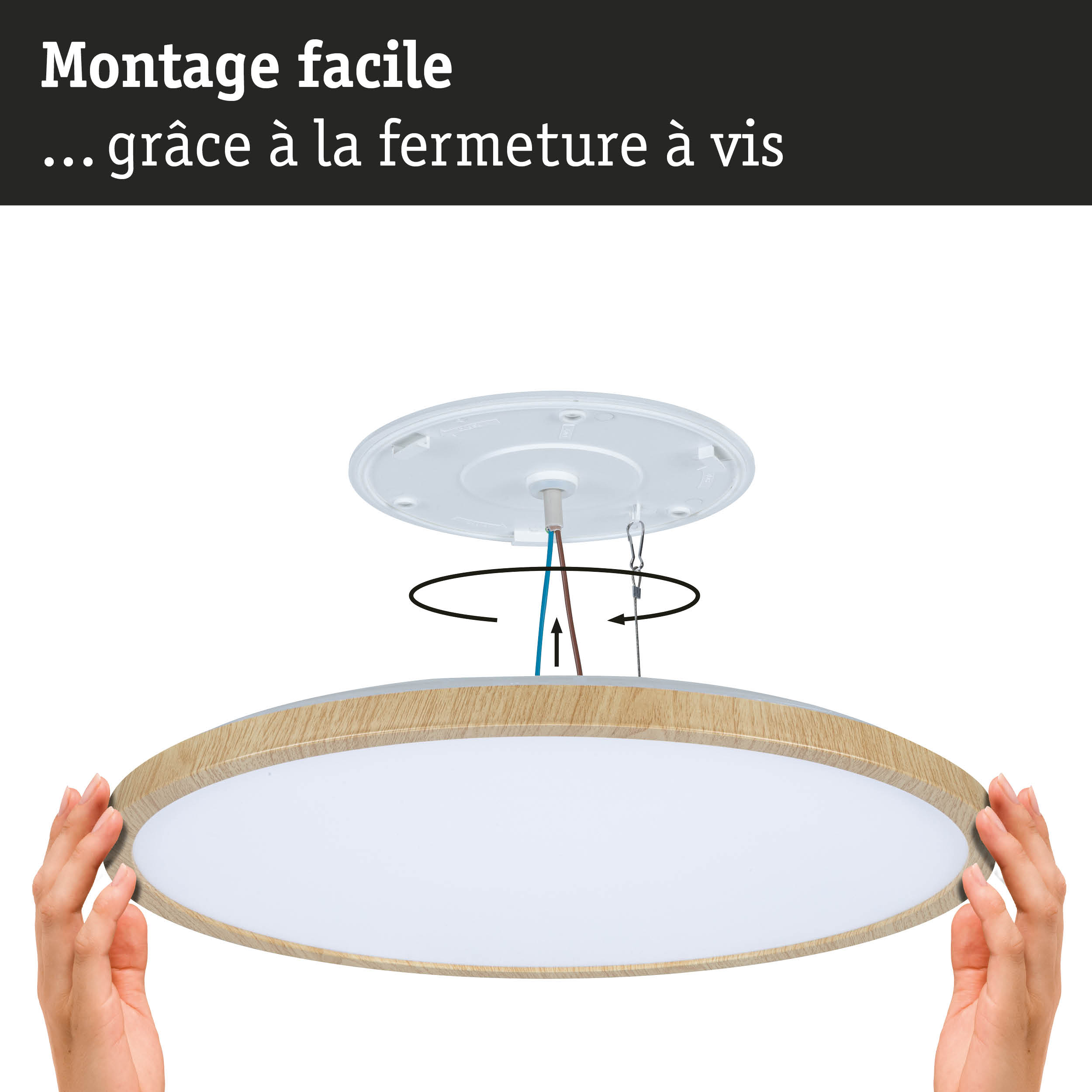 Plafonnier rond avec cadre en bois et diffuseur blanc, montage facile par fermeture à vis