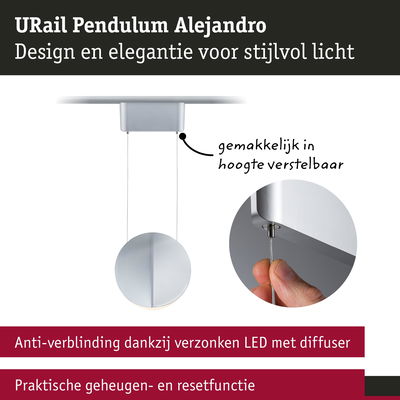 Zilveren URail Pendulum Alejandro LED hanglamp met in hoogte verstelbaar ontwerp en anti-verblindingsdiffuser