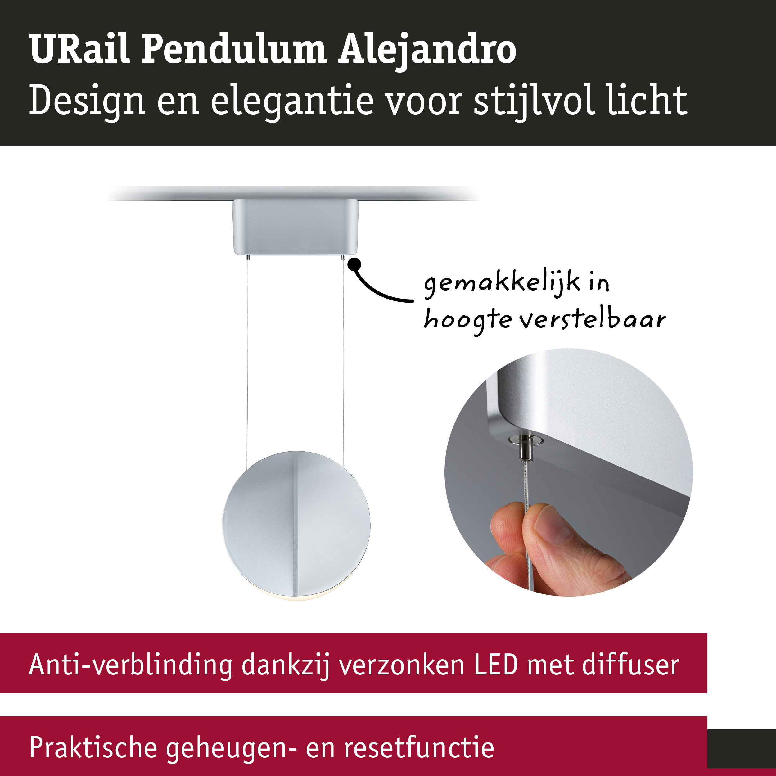 URail Pendulum Alejandro zilveren hanglamp met in hoogte verstelbare kabel en verzonken LED-diffuser