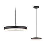 Moderne schwarze LED-Pendelleuchte mit rundem, flachem Design und warmweißem Licht für Wohnräume.