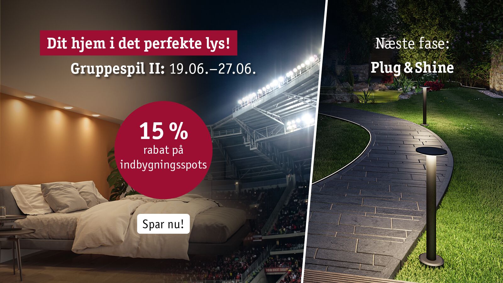 Reklame for 15% rabat på indbygningsspots med soveværelsesbelysning og udendørs lamper på havegang