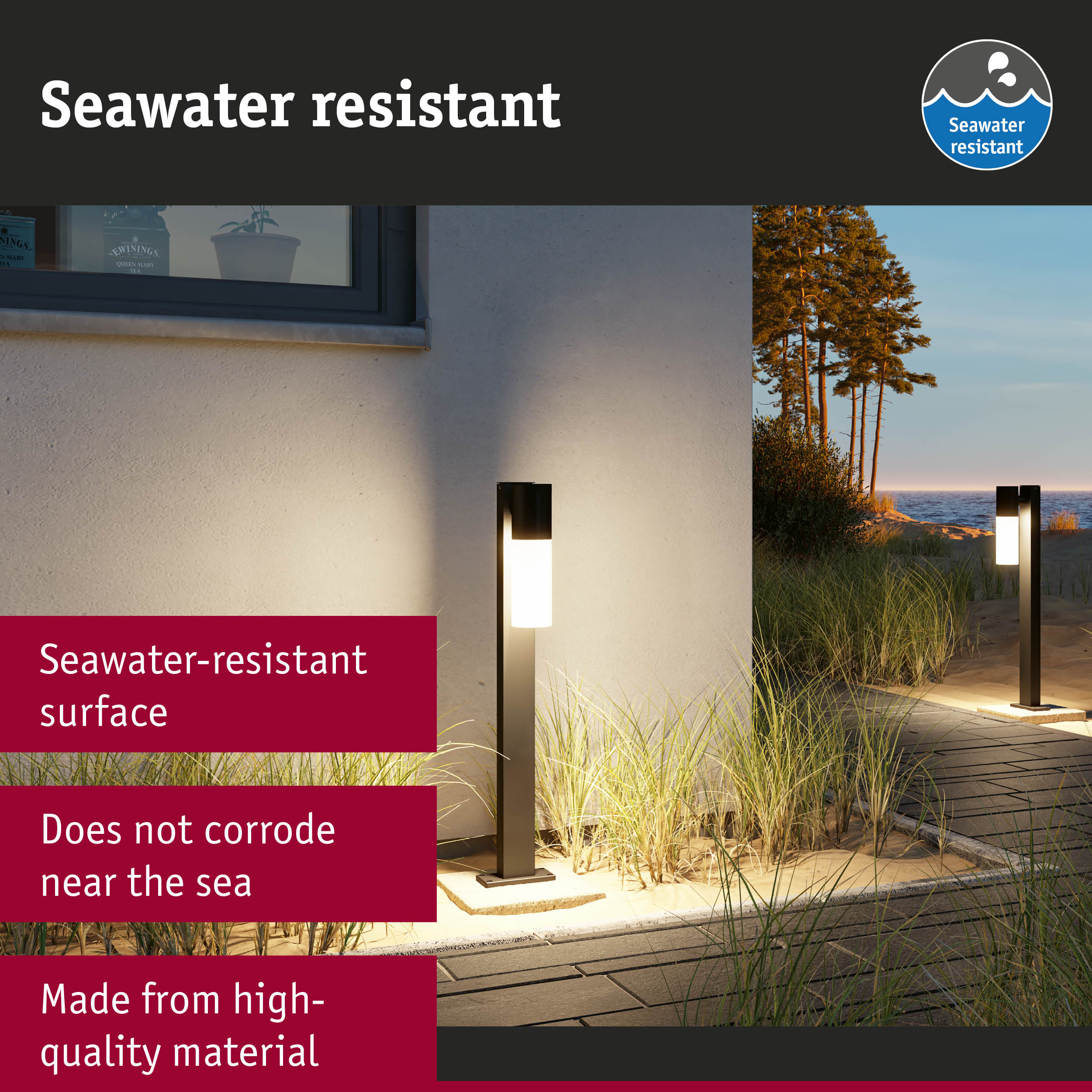 Black outdoor light with white illumination, seawater resistant and corrosion-free for coastal use
