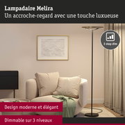 Lampadaire Melira noir avec anneau doré, éclairage moderne dimmable sur 3 niveaux pour salon