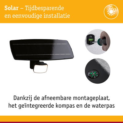 Zwart solar LED-licht met afneembare montageplaat, geïntegreerd kompas en waterpas voor eenvoudige installatie