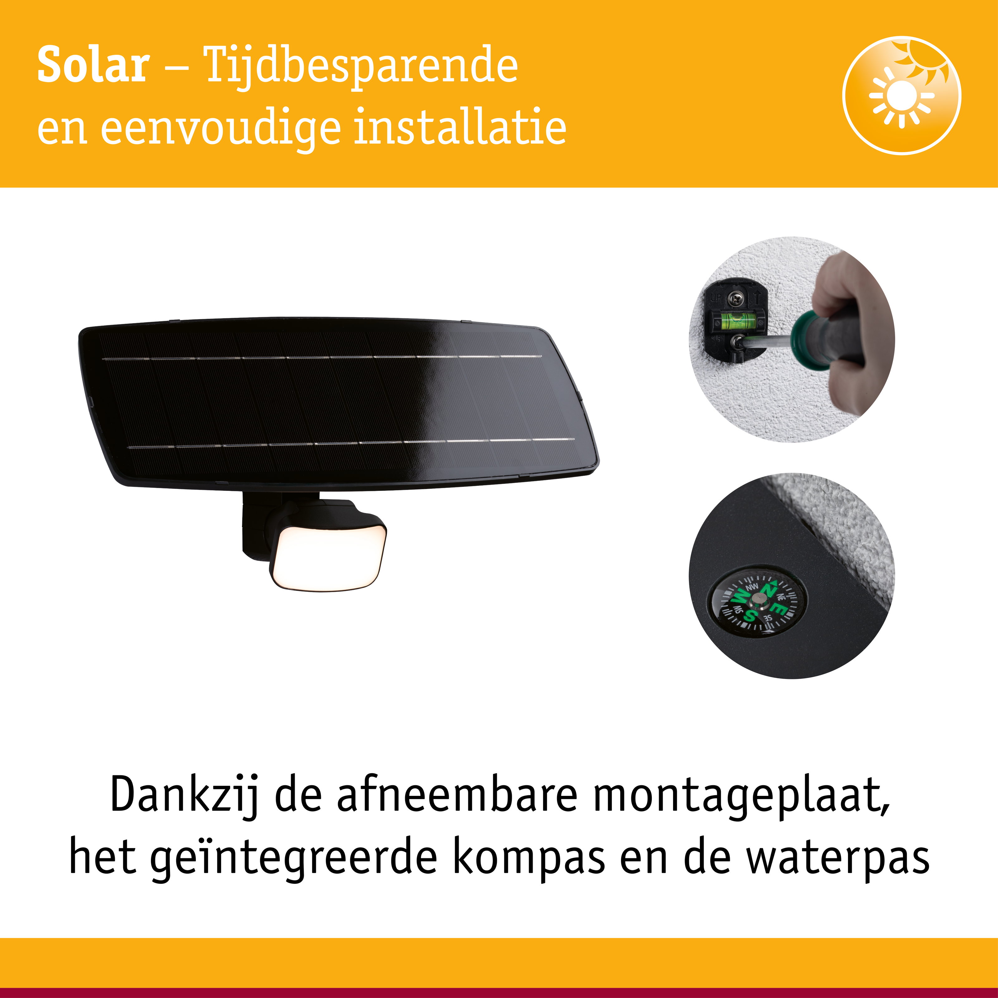 Zwart zonnepaneel met geïntegreerd LED-licht, montagehulp met waterpas en kompas voor eenvoudige installatie