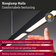 Zwarte LED hanglamp Mailo met warmwit licht en traploze dimfunctie via nadering sensor