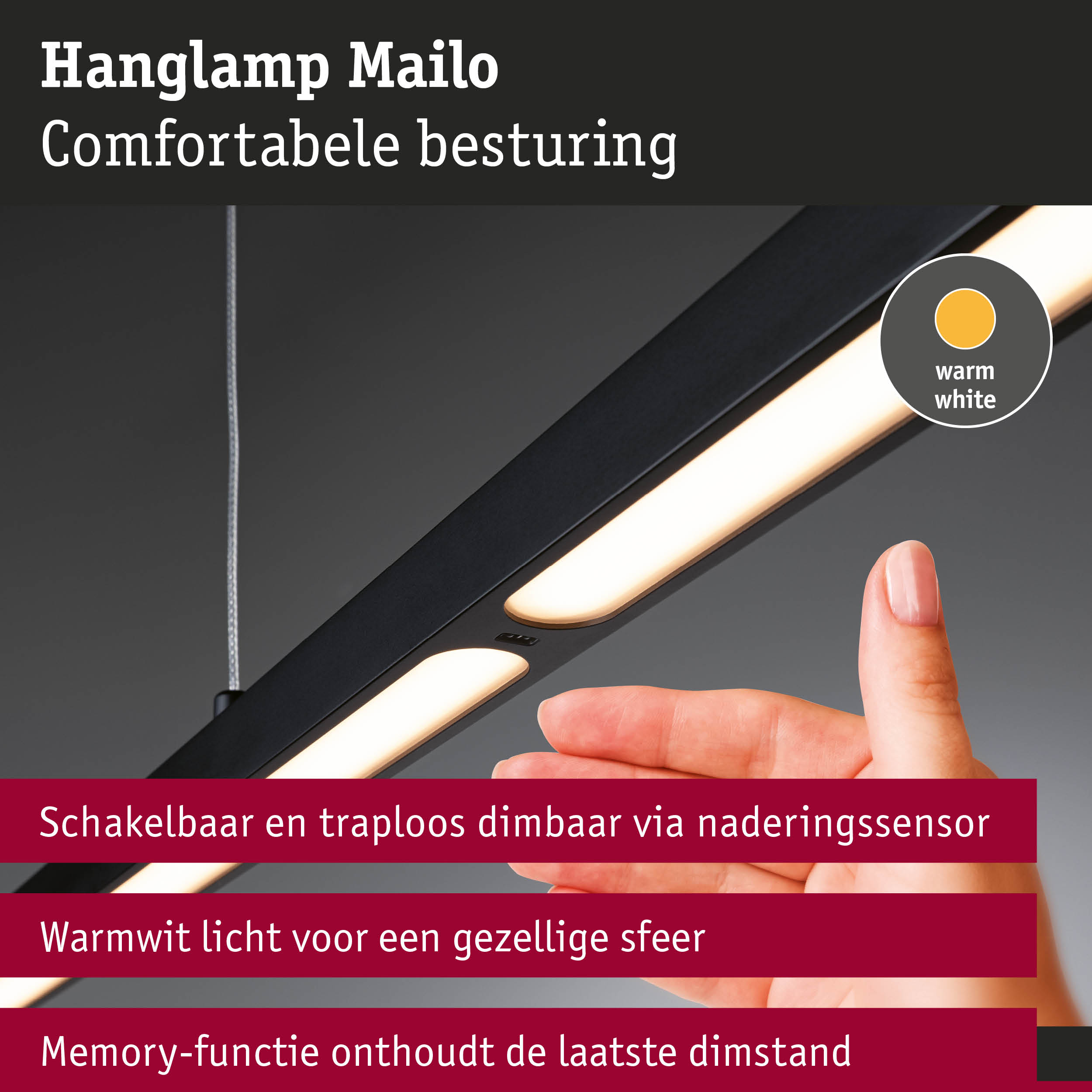 Zwarte LED hanglamp Mailo met warmwit licht en traploze dimfunctie via nadering sensor