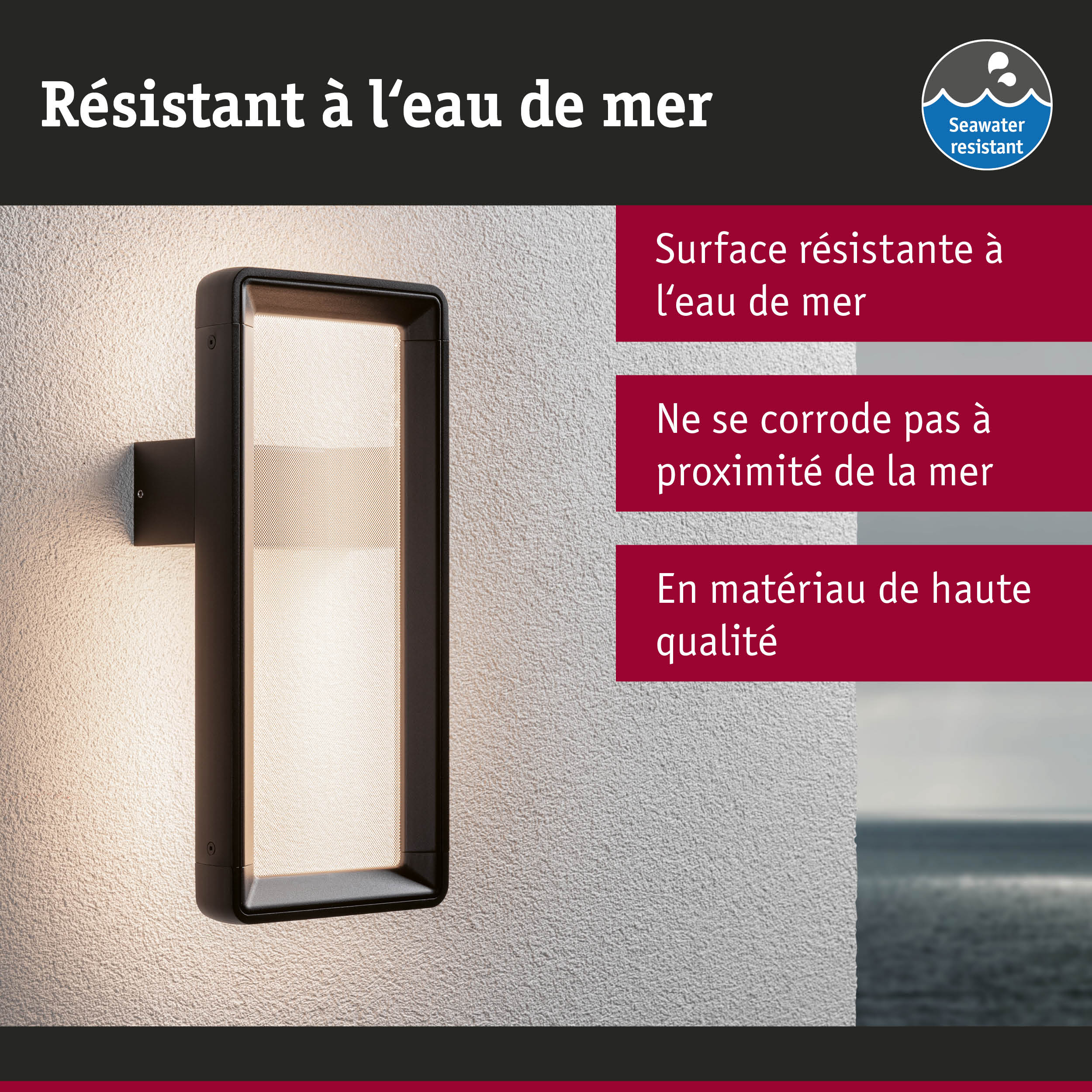 Applique murale extérieure noire avec surface résistante à l'eau de mer pour un éclairage durable