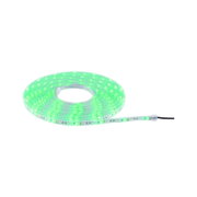 Green glowing LED strip light on roll with flexible plastic material for decorative lighting use.