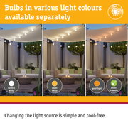 Outdoor string lights showing neutral white, warm white, and gold light bulbs with easy LED replacement