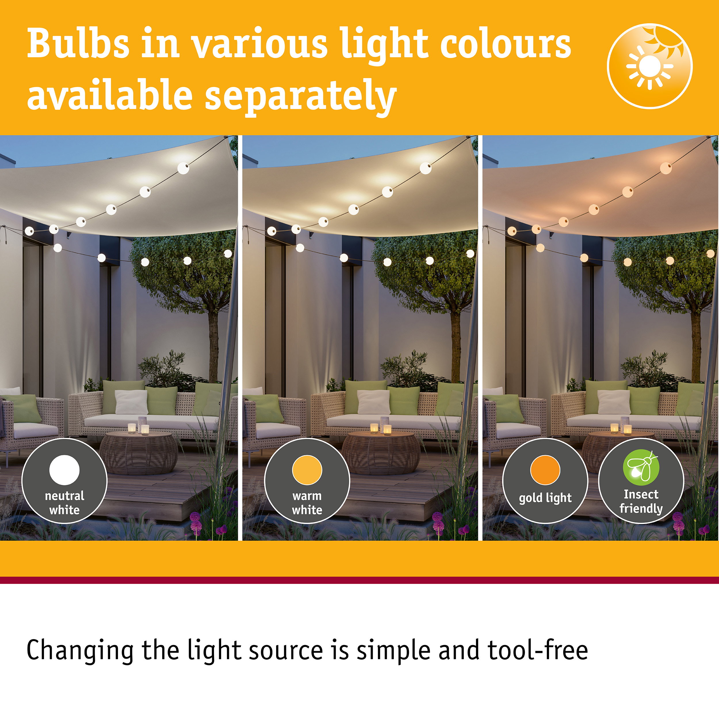 Outdoor string lights showing neutral white, warm white, and gold light bulbs with easy LED replacement