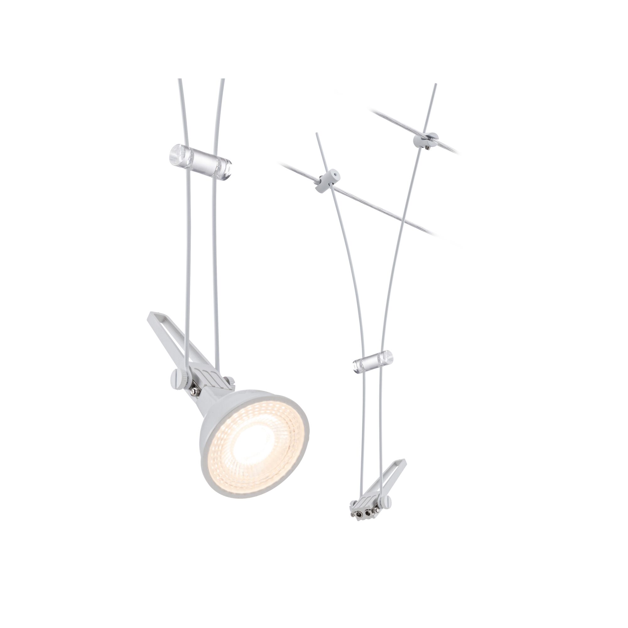 Modern white cable lighting system with metal LED spotlight for flexible room illumination