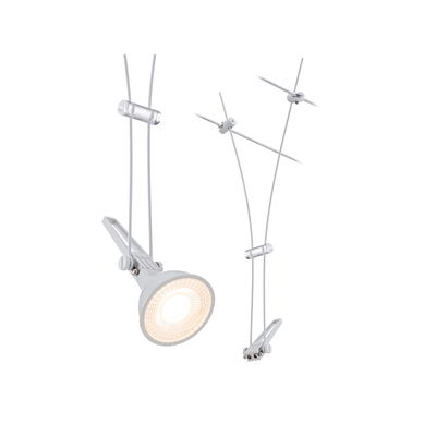 Modern white cable lighting system with metal LED spotlight for flexible room illumination