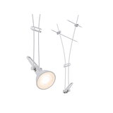 Modern white cable lighting system with metal LED spotlight for flexible room illumination
