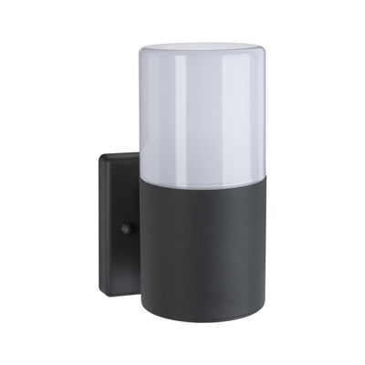 Modern wall light with black metal base and white glass for outdoor lighting and garden use