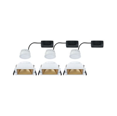 Three white square LED recessed spotlights with gold reflector and black wiring for indoor lighting