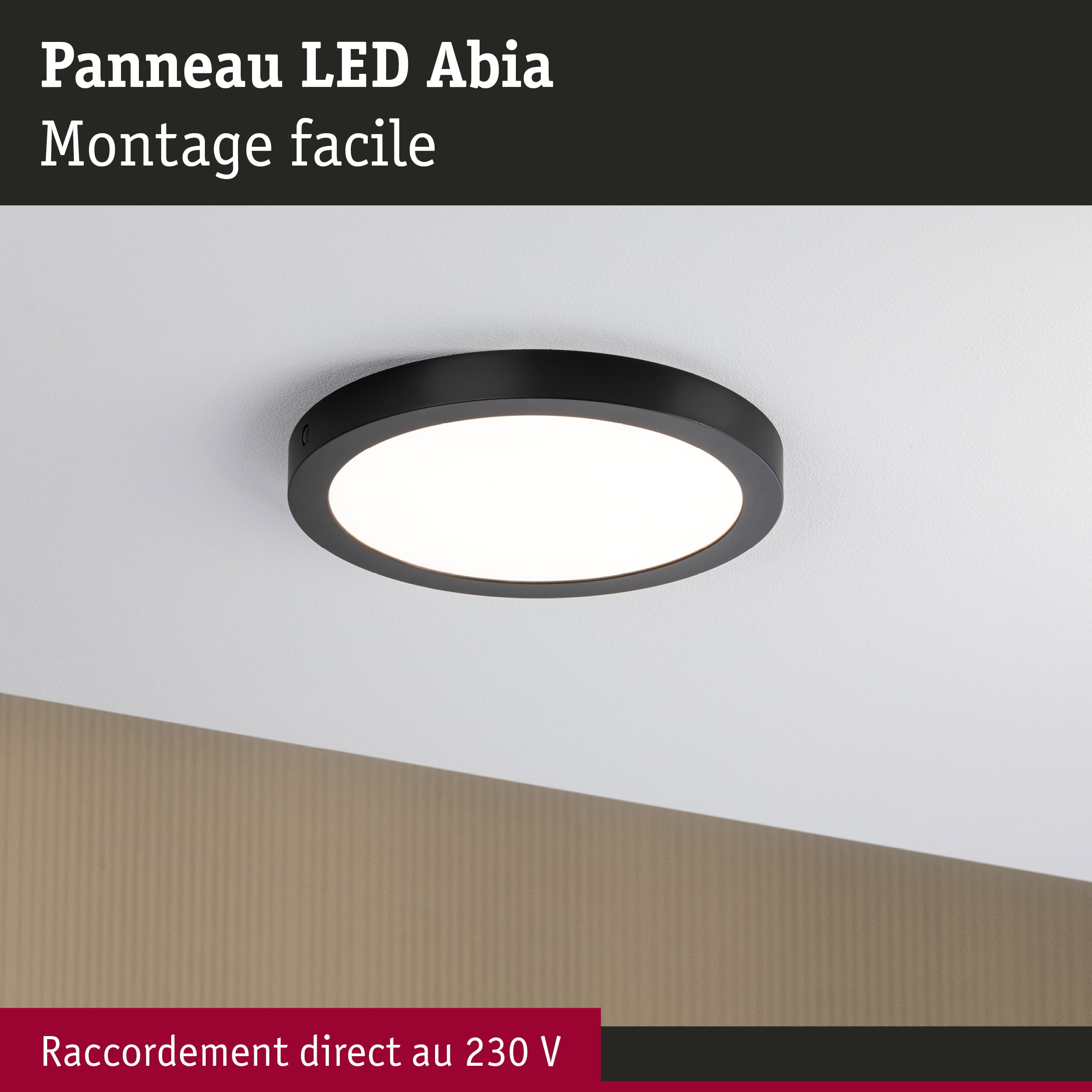 Panneau LED Abia noir avec montage facile et raccordement direct au 230 V