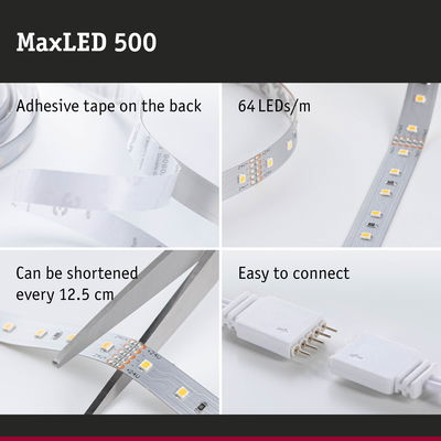 MaxLED 500 LED strip with 64 LEDs/m, adhesive backing, cuttable every 12.5 cm, easy to connect LED lighting