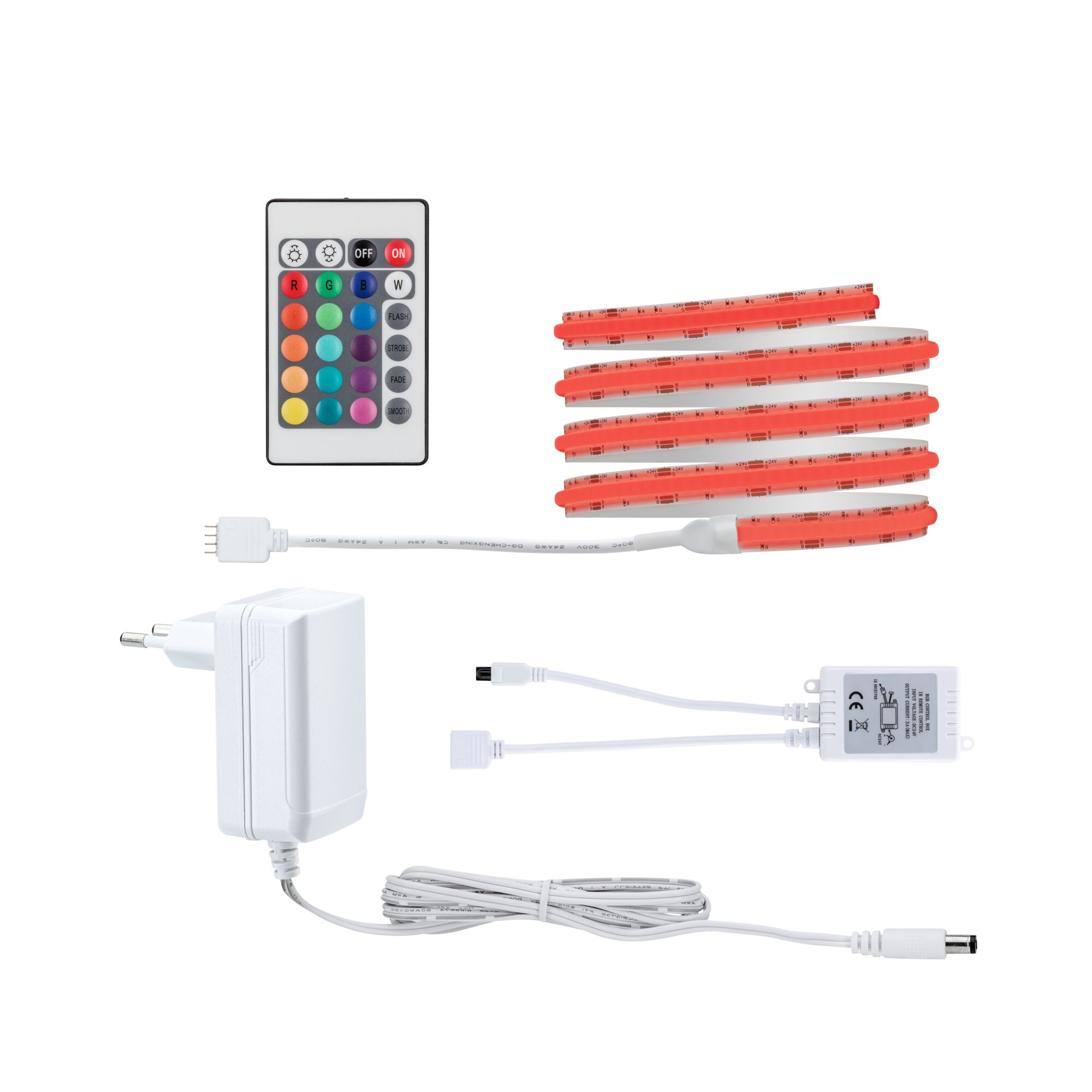 LED-strip set met afstandsbediening, adapter en controller in wit en rood voor kleurverlichting