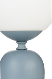 Modern table lamp with matte blue metal base and white glass shade for stylish home lighting