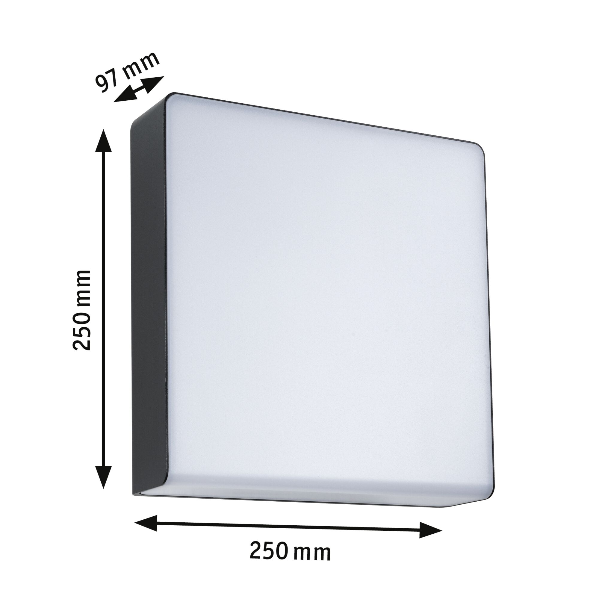 Square white LED wall light with black frame, dimensions 250x250x97 mm, modern indoor lighting fixture